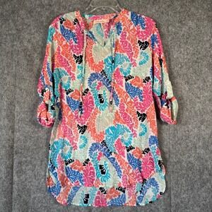 Fresh Produce Tunic Dress Womens Medium Popover Floral Cover Up Roll Tab Sleeve